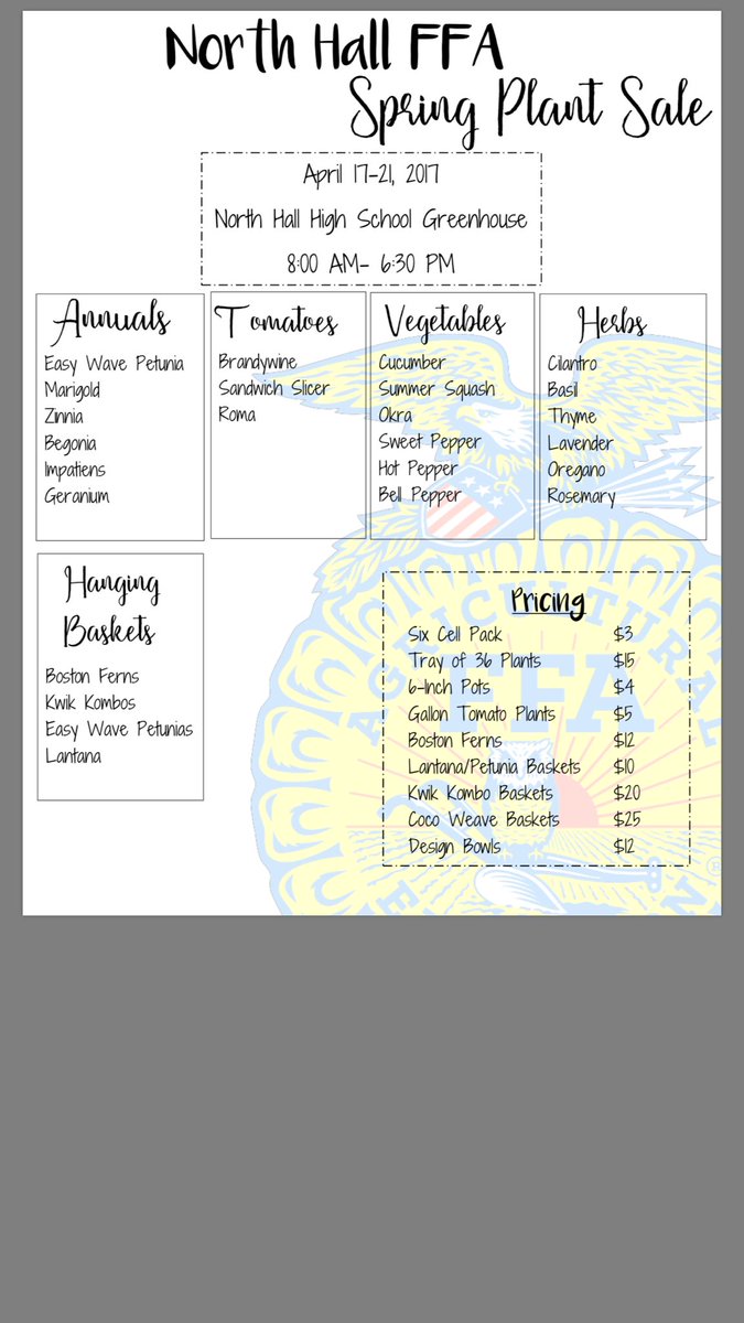 NHMS_FFA's tweet photo. North Hall FFA Plant Sale starts tomorrow at NHHS greenhouse. All proceeds go to North Hall FFA chapters! Come see us! https://t.co/H30ikfsOno