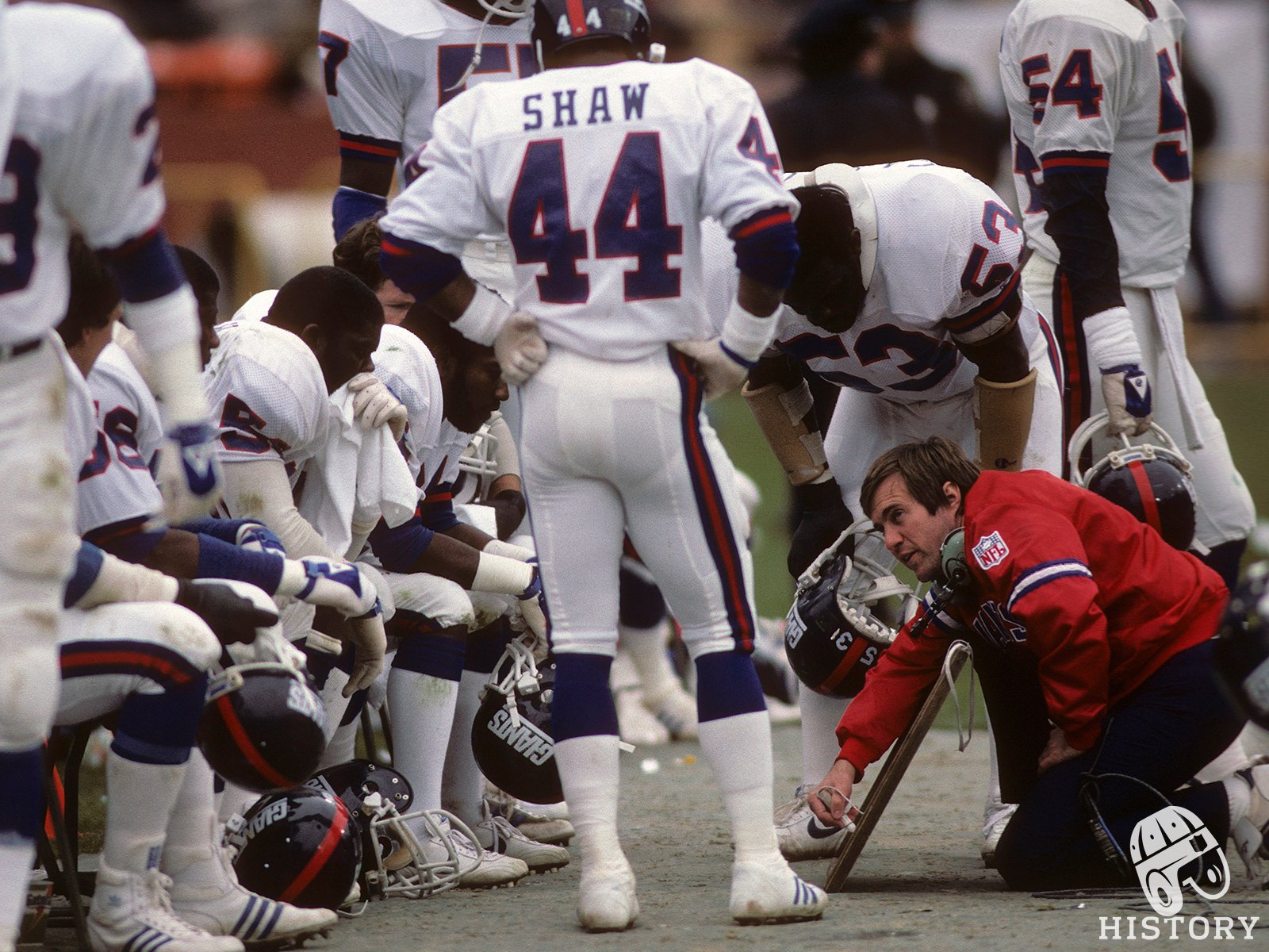 1984- HC Bill Belichick coaching up linebackers. Happy birthday Coach! 