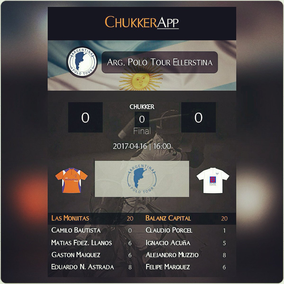 ChukkerApp's tweet photo. #formaciones #lasmonjitas vs #balanzcapital
#Final #argentinapolotourEllerstina2017 @ArgPoloTour 
Siguela en @ChukkerApp https://t.co/2prxavWKok
