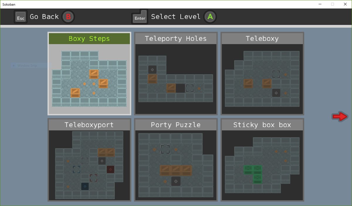 davidcukrowicz's tweet photo. level select screen finally looking like something 😀#sokoban #gamedev #monogame #mmp1 https://t.co/0qp6LHsVff