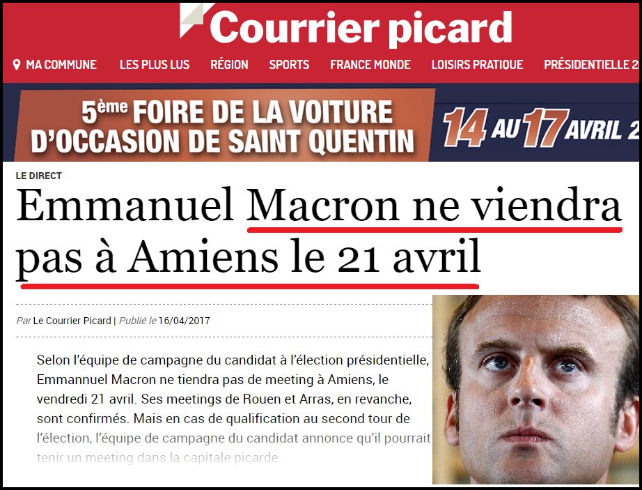 tprincedelamour's tweet photo. Alerte! #Macron obligé d'annuler un 3ème #meeting, à #Amiens, faute de réservations!
Sa fin de campagne est une complète débandade! https://t.co/U2UU16GIRA