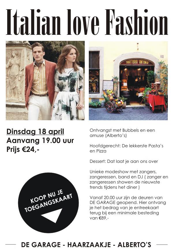 a.s. dinsdag Modeshow Nijkerk <a href="/De_Garage/">De Garage</a> bij Alberto's in Nijkerk!
Met optredens van o.a. <a href="/pietervdzweep/">Pieter van der Zweep</a> &amp;  @EvelineCocu !! Reserveer snel!