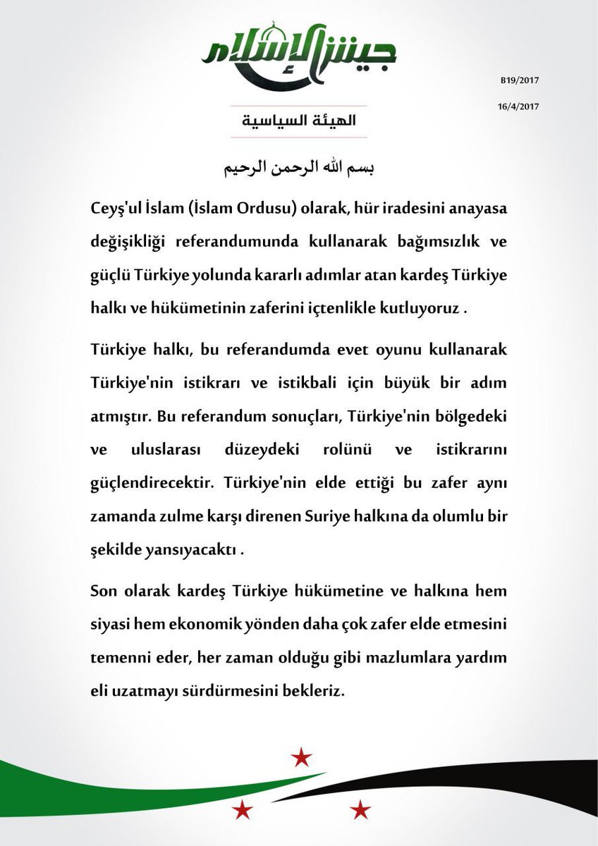SuriyeHbrAjansi's tweet photo. #SonDakika | Ceyş'ul İslam (İslam Ordusu) Türkiye'deki referandum sonrası bir bildiri yayınlayarak Türkiye halkını ve hükümetini tebrik etti https://t.co/fmmhhUdnBm