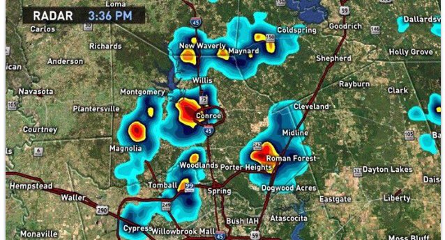 #WeatherAlert - Strong storms moving through Montgomery County. Main threats: brief heavy rain, strong wind gust, and small hail.