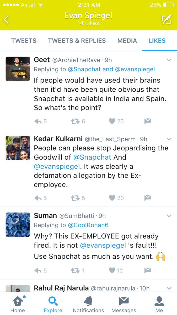 I donno if someone noticed or not but <a href="/evanspiegel/">Evan Spiegel</a> hasn't used twitter handle till yesterday &amp; all he did was like his support #snapchat