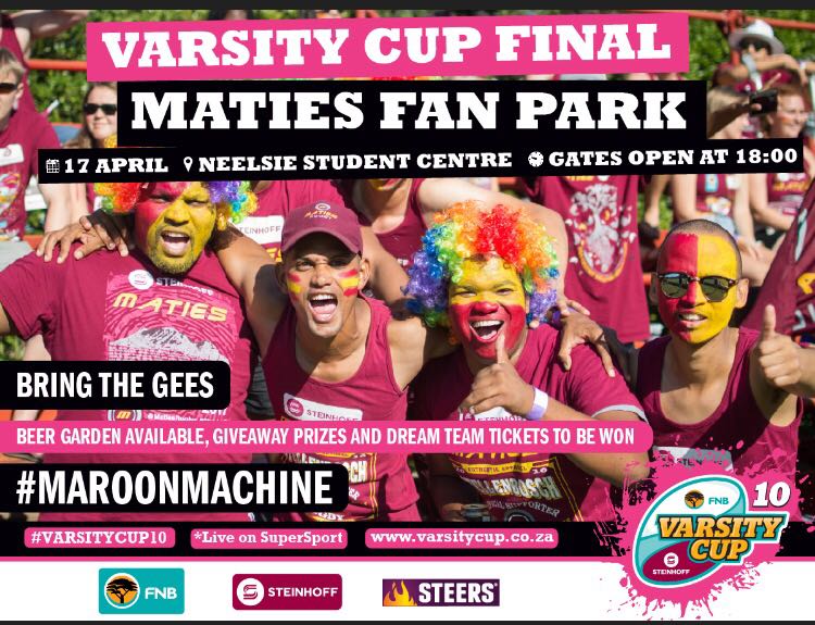 MFM926's tweet photo. The stage is set for a thrilling final in the 10th season of the @varsitycup: @MatiesRugby VS @TuksSport, kickoff 19H00! Back your boytjies! https://t.co/sRqwQxNzjD