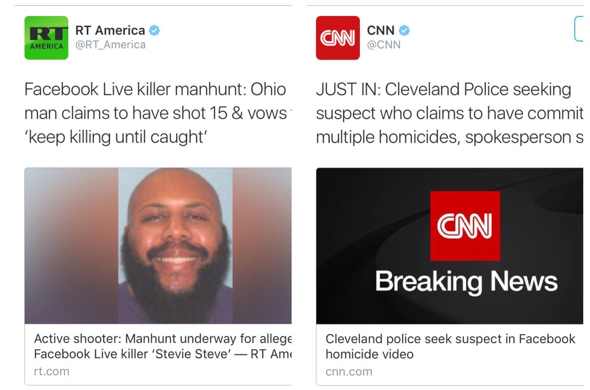 LizCrokin's tweet photo. How @RT is covering #Cleveland FaceBook Live killer compared to @CNN - notice the difference? CNN is #veryfakenews https://t.co/8UzsTVnurX
