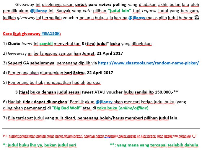 jilansy's tweet image. [BOOK (VOUCHER) GIVEAWAY]
Periode: 17-21 April 2017
Hadiah: Voucher Buku IDR 150K

Syarat &amp;amp; Ketentuan Giveaway:
(lihat gambar di bawah ↓↓↓)