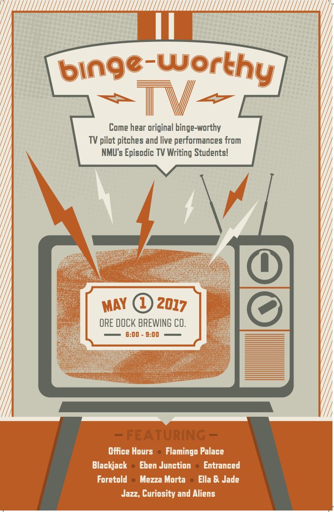 mcfawn's tweet photo. My #tvwriting students will be putting on a TV PITCH FEST 5/1 from 6-9!  @OreDockBrewing @NorthernMichU @NmuEnglish https://t.co/d189qTq3Zm