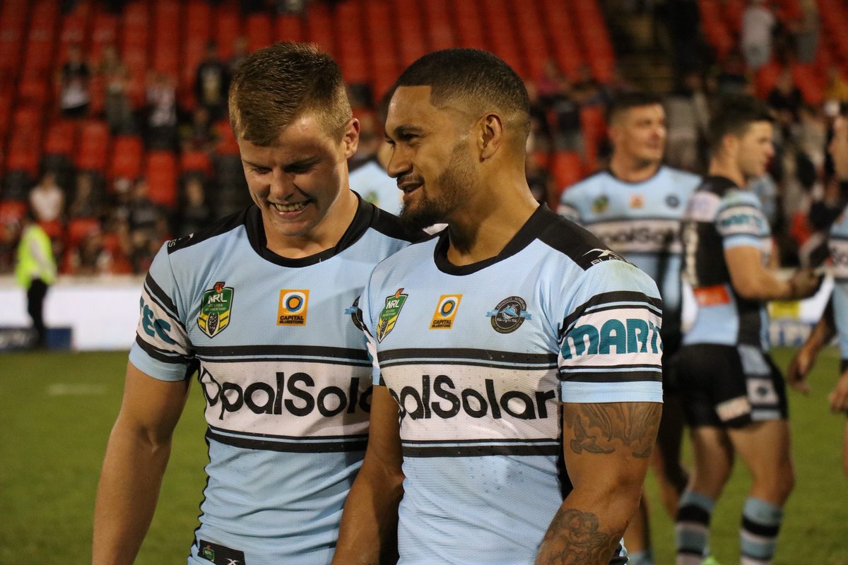cronullasharks's tweet image. All smiles from @rickyleutele and @JaydenBrailey yesterday 😄

#SharksForever 🦈 #NRLPanthersSharks
