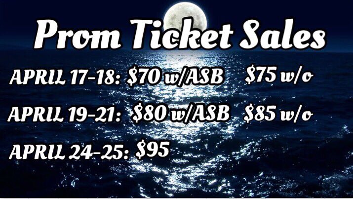 PROM TICKETS go on sale TOMORROW!!! Buy your tickets Monday and Tuesday for the cheapest price ✔️🌟💫