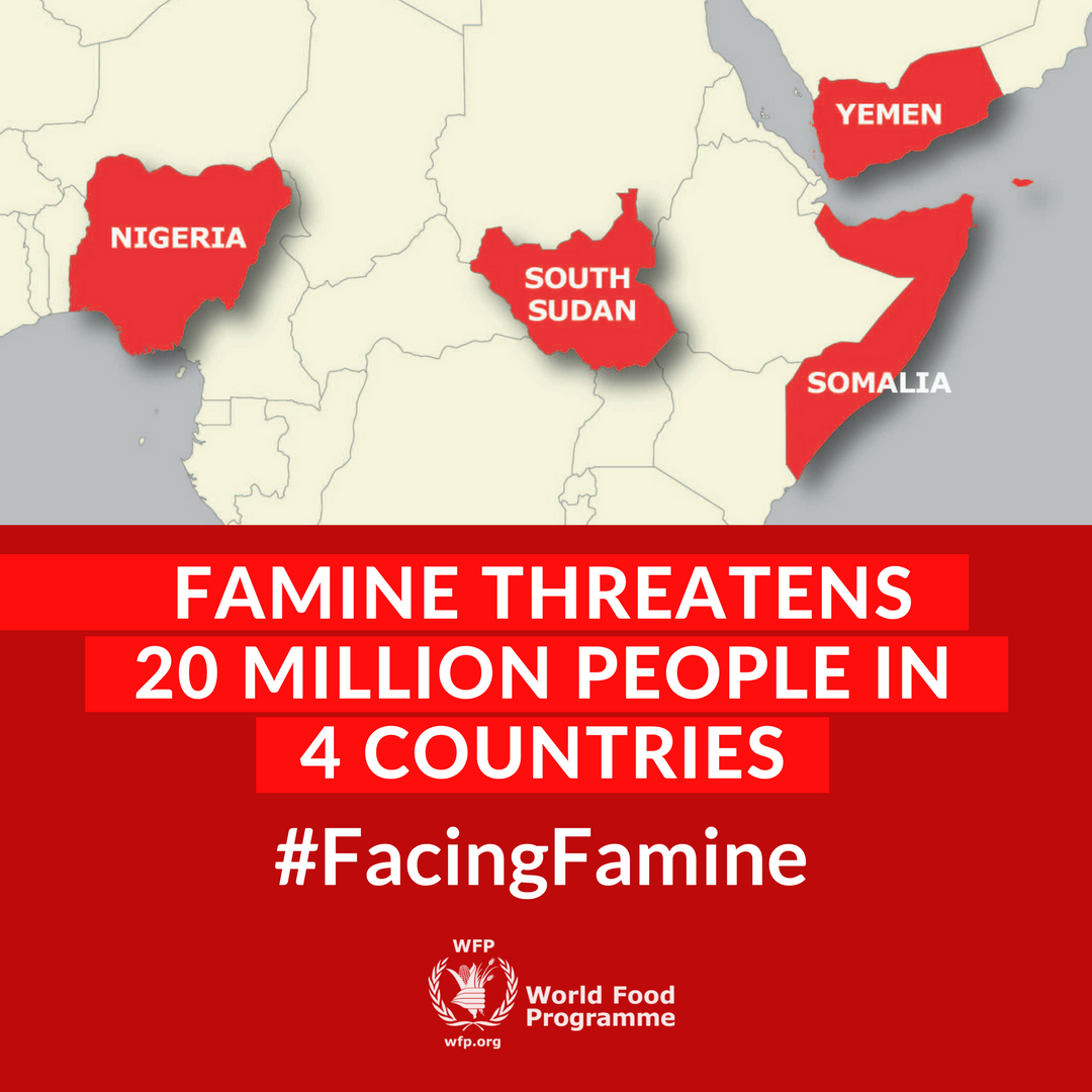 20 million people in South Sudan, Somalia, Nigeria &amp; Yemen are #FacingFamine. Please share and help here:  ow.ly/jlYD30aKZYc via <a href="/WFP/">World Food Programme</a>