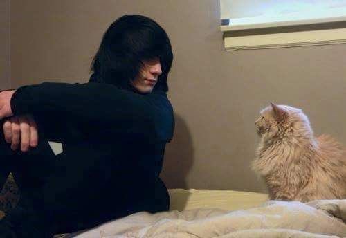 dont__askjosh's tweet image. Emery is trying to watch something for homework and the cat won&apos;t stop staring at him. 😝