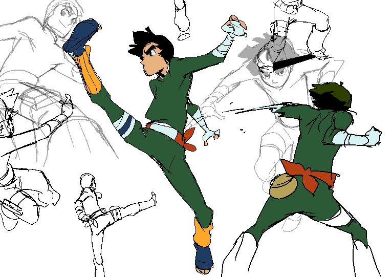 rawrgyle's tweet photo. pulled some poses to from the infamous Rock Lee vs Gaara fight for practice. I love Rock Lee a lot you guys;;;; https://t.co/aalxUl6MBj