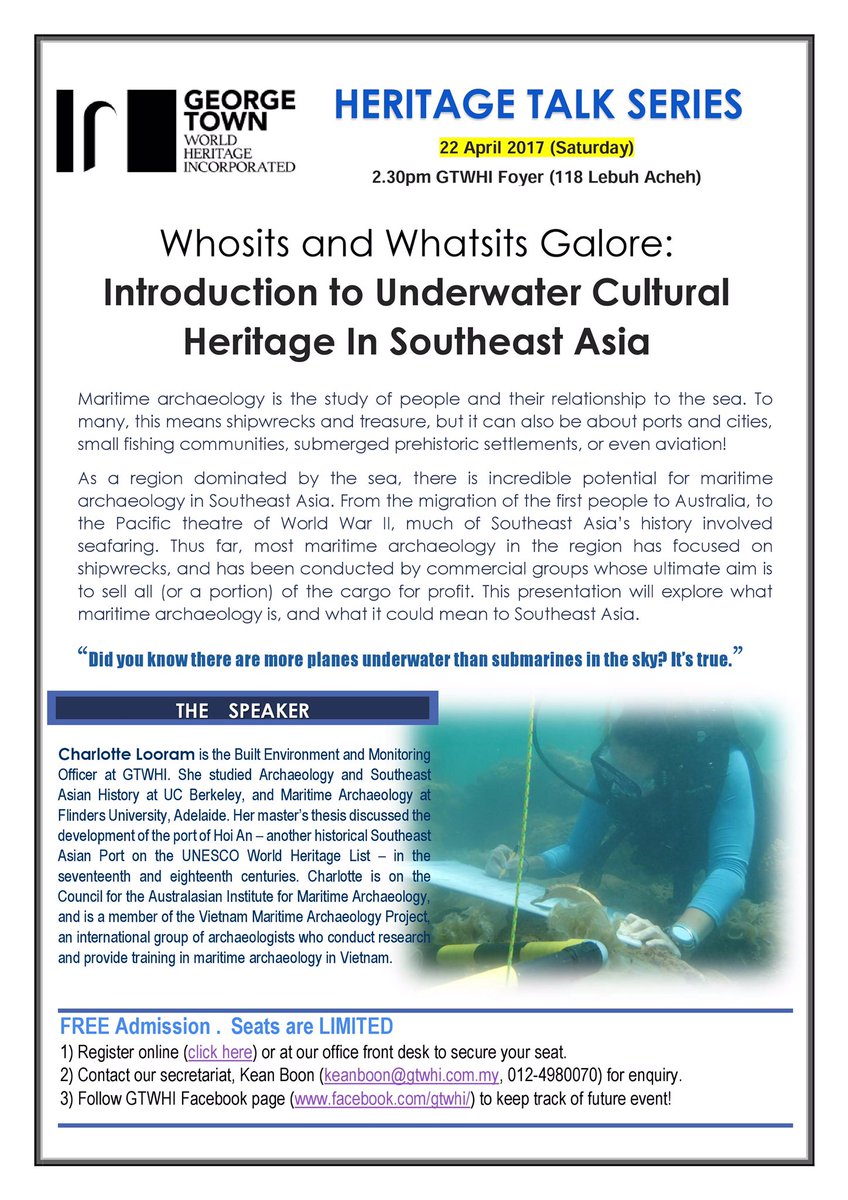 cplooram's tweet photo. I'm giving a little talk this sat on #UnderwaterCulturalHeritage at GTWHI in #penang! Drop by if you can! https://t.co/nR8jXlBA72 https://t.co/eC1VdTwQy7