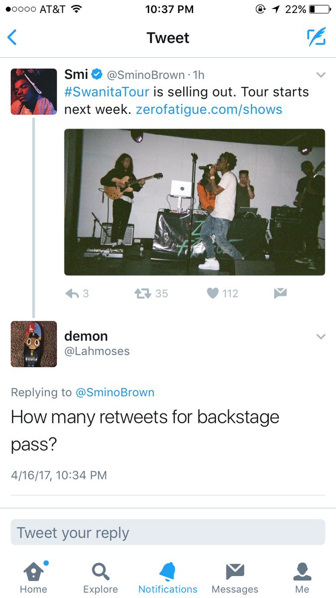 lahmosess's tweet photo. Twitter I need a favor 3000 retweets for backstage on smino tour! https://t.co/GXobQwS7jP