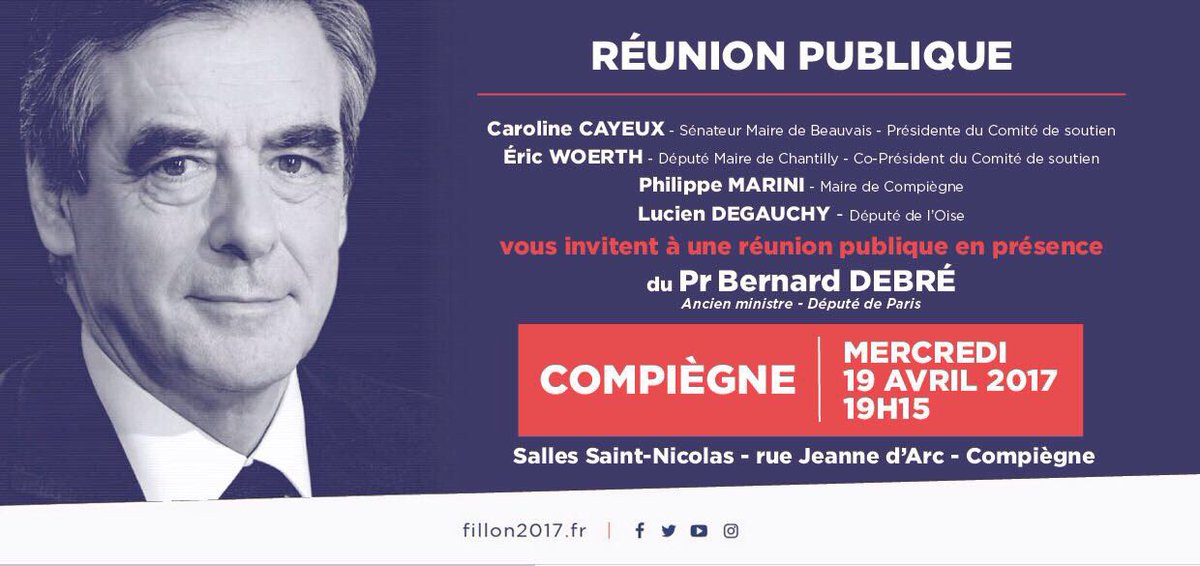 C'est la dernière ligne droite ! RDV à Compiègne ce mercredi avec @Bernard_Debre @carolinecayeux @ericwoerth @Philippe_Marini #Fillon2017 🇫🇷