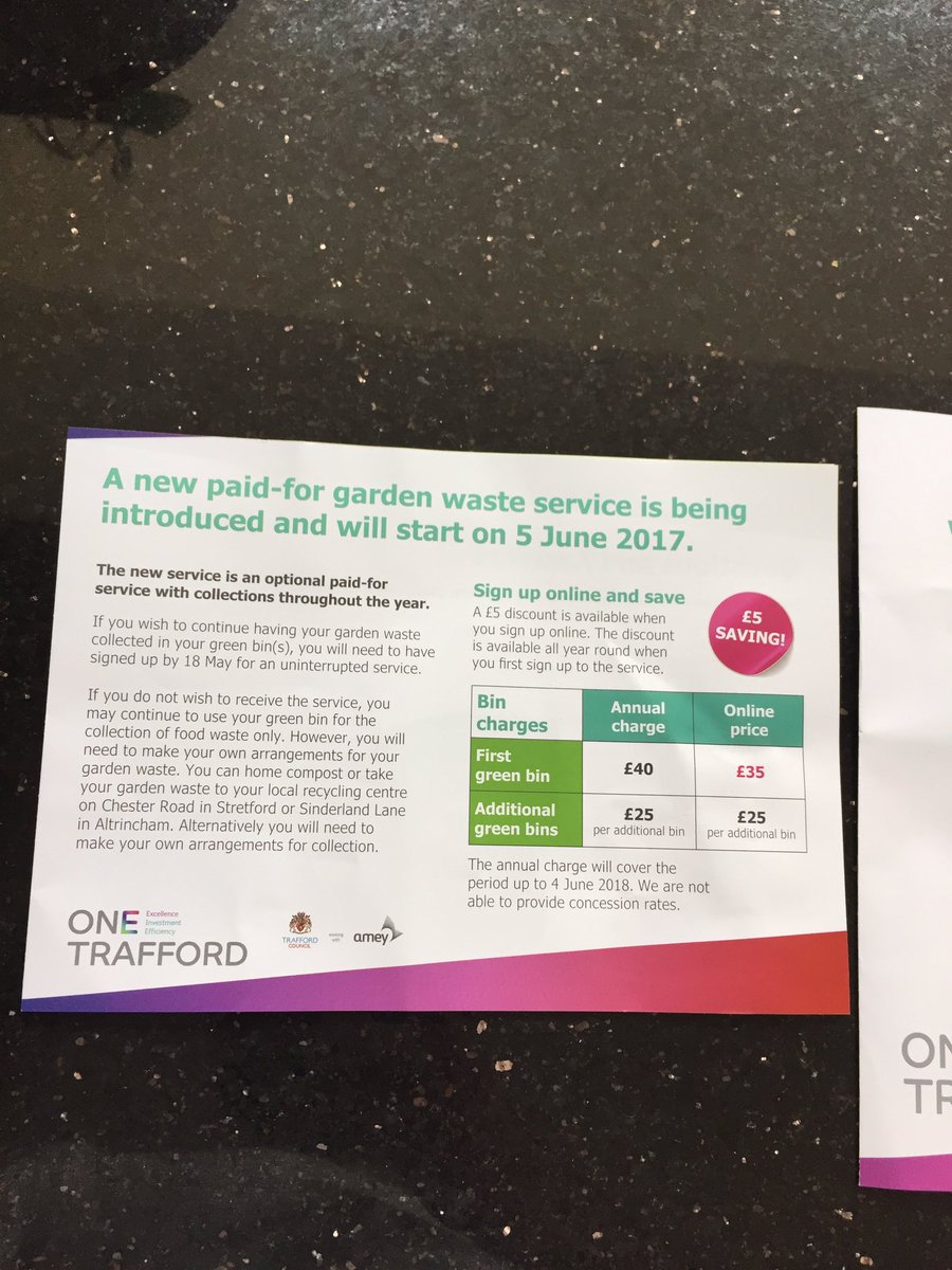So <a href="/TraffordCouncil/">Trafford Council</a> I take it my council tax will be lowered due to the additional charge on the green bins?? #greentax #robbingb@stards