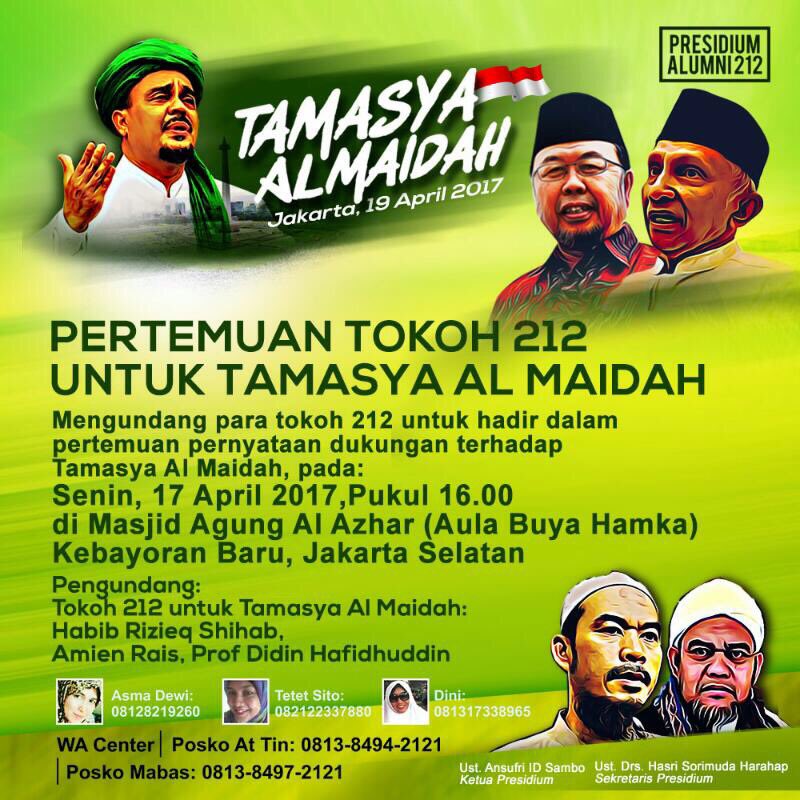 hamdihamdan2's tweet photo. Yuk, kita silaturahmi dengan tokoh 212 di Tamasya Al Maidah 19 April 2017 pukul 16.00 WIB #TamasyaSuperDamai https://t.co/56g2d2ej9U