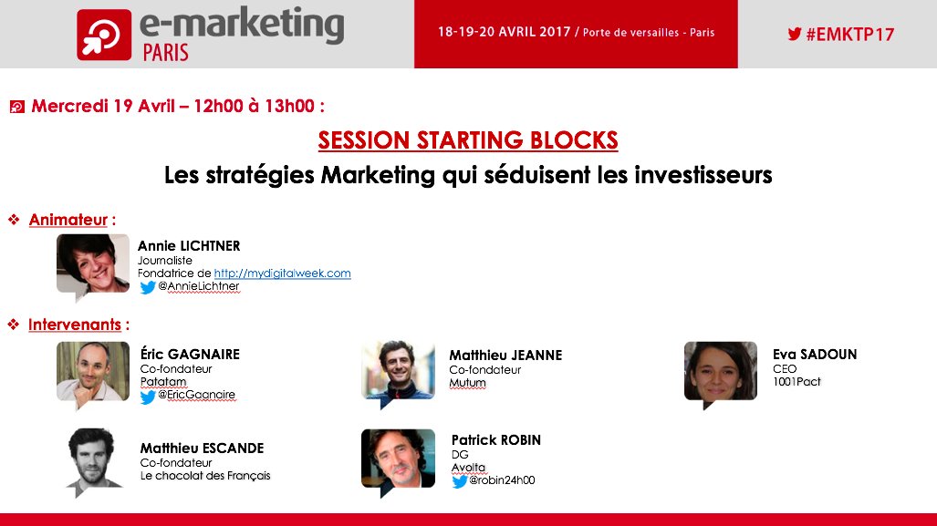 #SAVETHEDATE 19/04 #EMKTP2017 Les stratégies Marketing qui séduisent les investisseurs <a href="/avoltapartners/">Avolta</a>
<a href="/patatamfrance/">Patatam</a> <a href="/Mutum_FR/">Mutum</a> @1001Pact