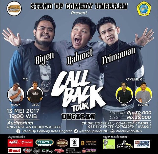 13 MEI! | #CallBackUNGARAN w/ <a href="/Rigensih/">Rigen Rakelna</a> <a href="/RahmetAbabil/">Rahmet Ababil</a> <a href="/Frimawan/">Indra</a> | @ Univ Ngudi Waluyo | 7PM.

Info: @StandUpIndoUNG