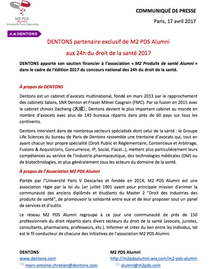 M2PDSAlumni's tweet photo. PARTENARIAT DENTONS / M2 PDS Alumni au concours des 24h du droit de la santé 2017, le 22 mai ! @DroitDescartes @CEERDS @Instidroitsante https://t.co/w09bYW9lY2