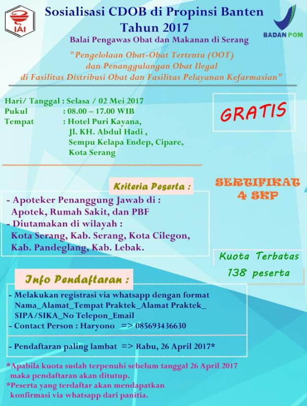 BPOM_Serang's tweet photo. Mari ikuti sosialisasi pengelolaan obat2 tertentu dan penanggulangan obat ilegal, selasa 02 mei 17 di Hotel Puri Kayana, Gratis 😊 https://t.co/LQkYxdMAh6