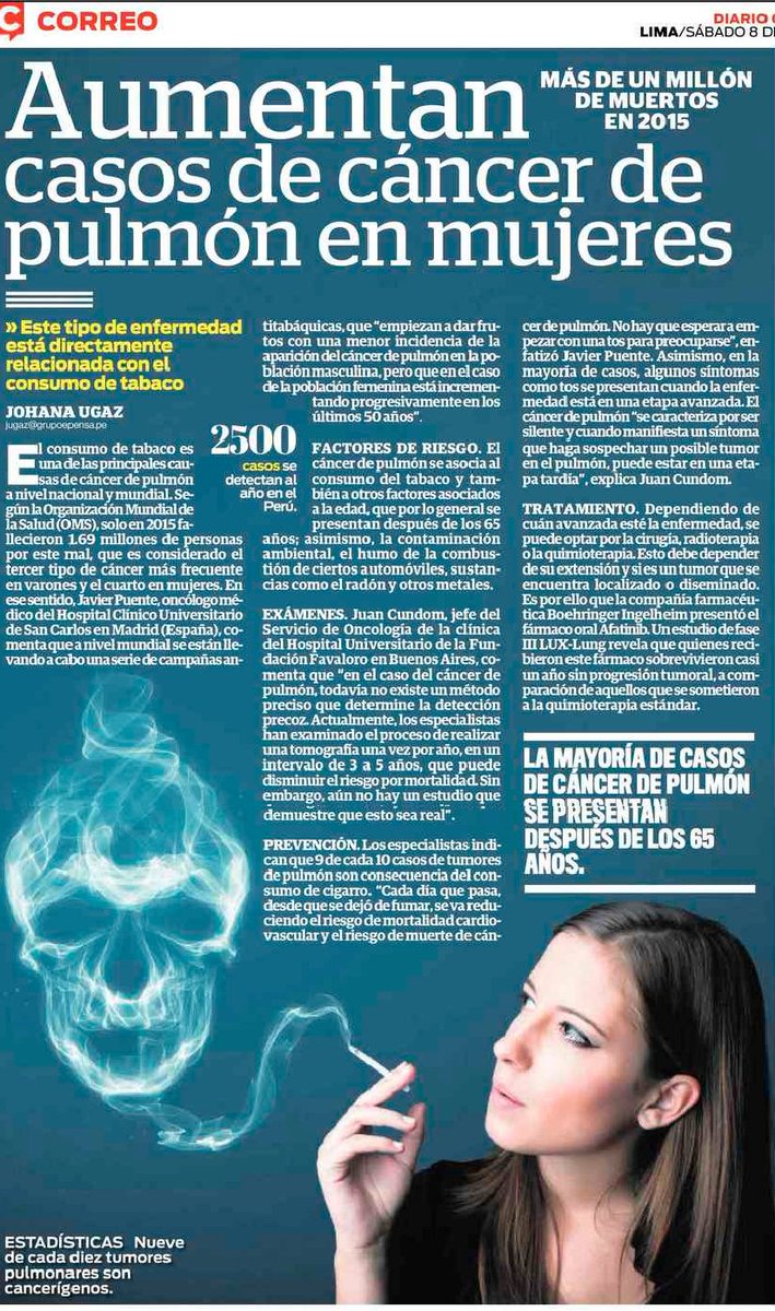 Los especialistas indican que 9 de cada 10 casos de tumores de pulmón son consecuencia del consumo de cigarro. #BoehringerIngelheim