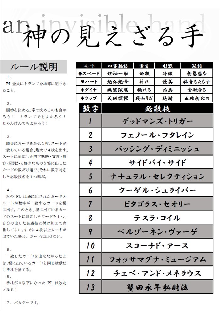 煙草屋 C99お疲れさまでした Na Twitteru 1ページｔｒｐｇコンテスト 必殺技をかっこよく叫びたいだけなんだ 神の見えざる手 トランプを組み合わせて かっこいい必殺技を叫ぶ大富豪です 唸れ 冷徹な墾田永年私財法 だいたいそんな感じのゲームです