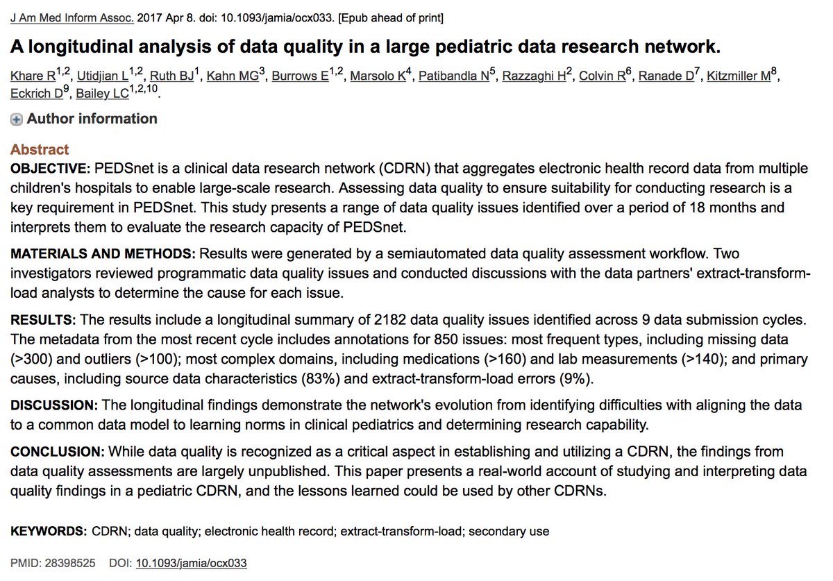 CincyInformatix's tweet photo. New in @AMIAinformatics: Longitudinal analysis of data quality in @PEDSnet https://t.co/JPqDhP9uqg
@PCORnetwork #CDRN #DataQuality #EHR https://t.co/UcsE5FY7PK