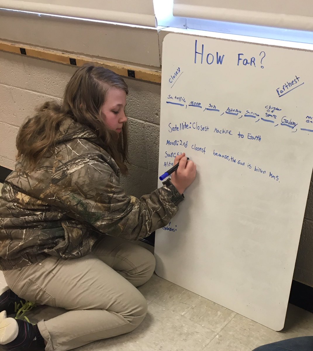 Students whiteboarding How Big? How Far? How Old? #mimodeling #ngss #hlcsgreatthings