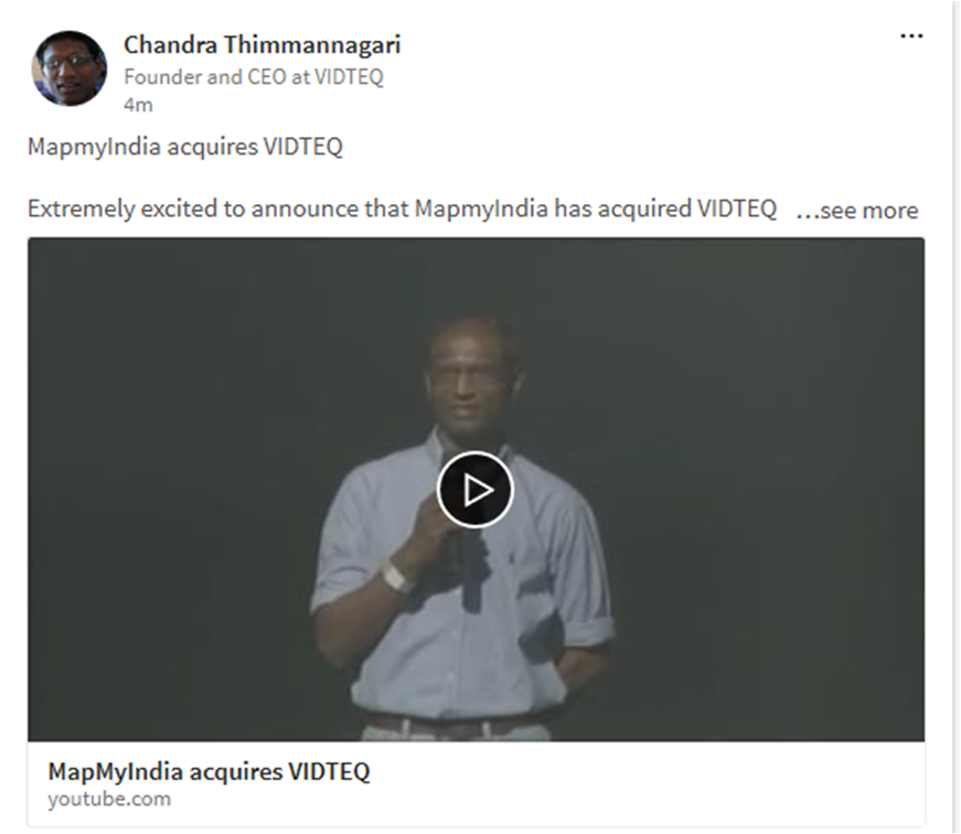 MapmyIndia acquires VIDTEQ - Extremely excited to announce that MapmyIndia has acquired VIDTEQ - youtube.com/watch?v=Mrd2So…