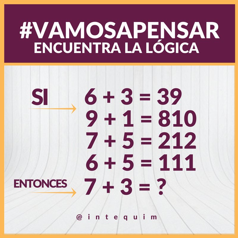 Intequim's tweet photo. ¿Conoces el resultado? #VamosAPensar ¡Encuentra la lógica! #intequim https://t.co/KFKl9j5nVY