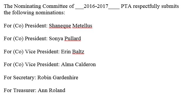 Nominees for 2017-2018 MMG's PTA Board