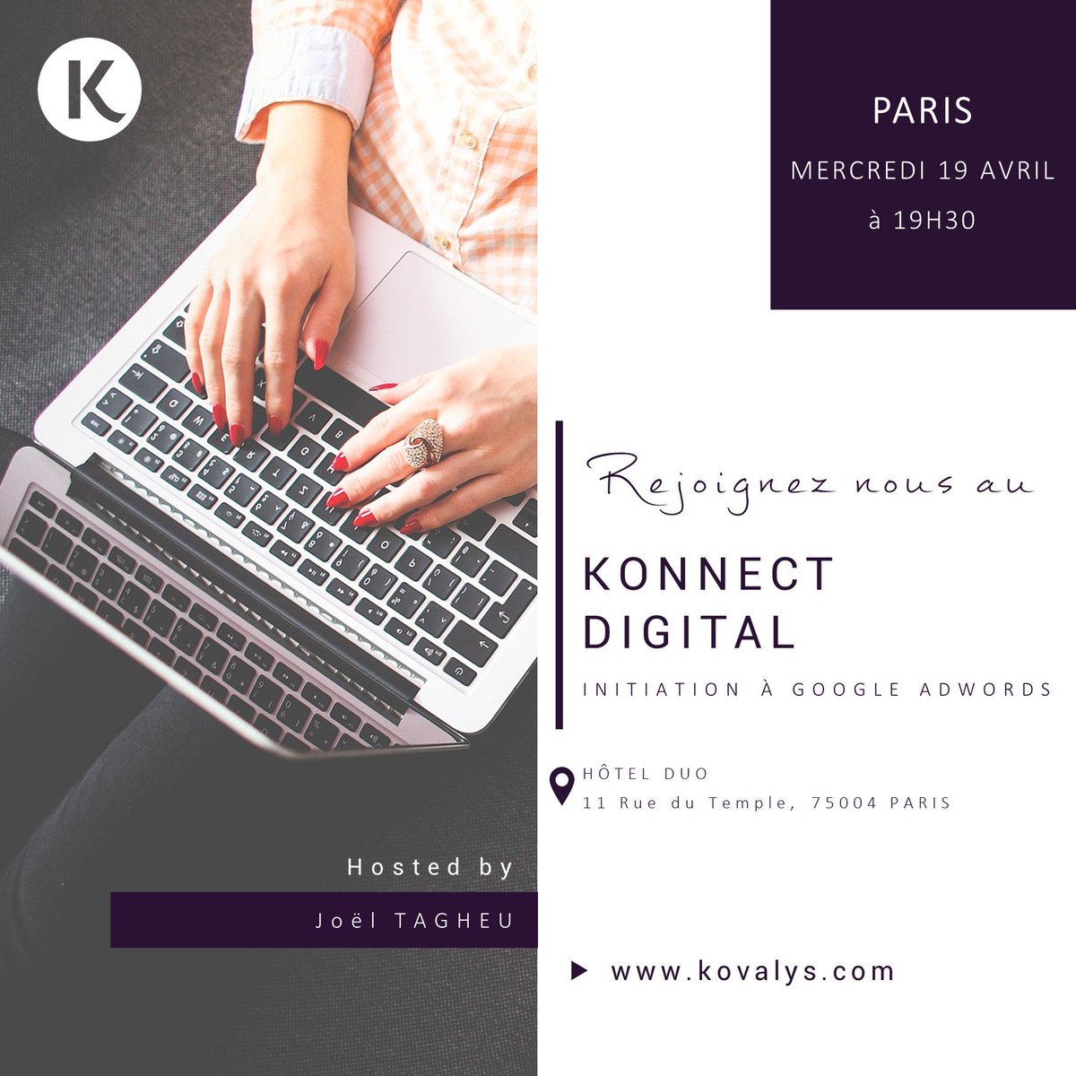 KovalysFrance's tweet photo. Cette semaine à #PARIS : Speed #Networking et Initiation à Google #Adwords.   Vous souhaitez gagner en visibilité ? Rendez-vous ce mercredi. https://t.co/XgPqflcunz