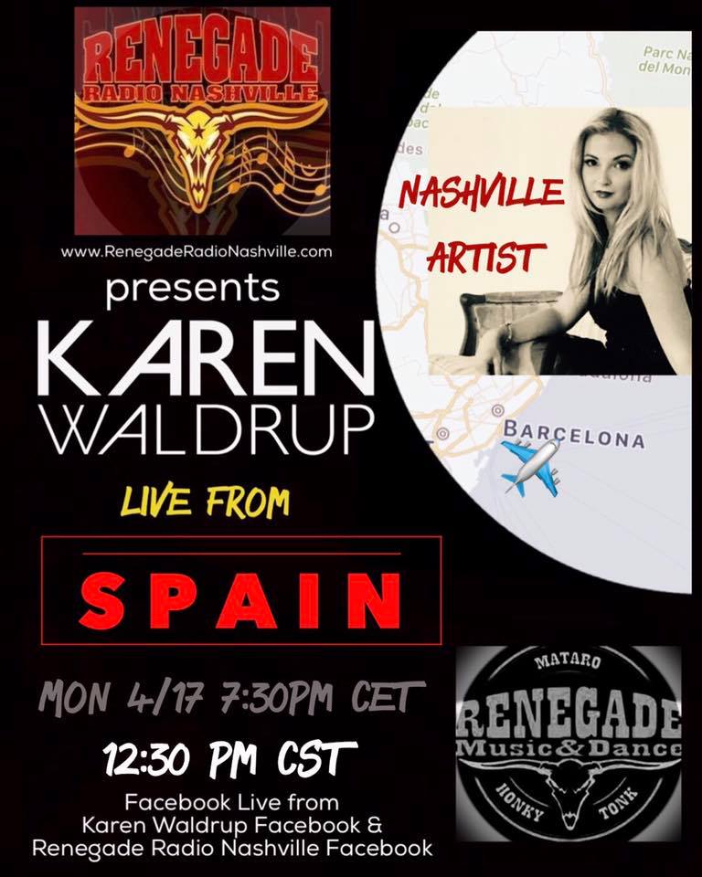 Watch RRN FB today 12:30pm CST. Live show as we present <a href="/karenwaldrup/">Karen Waldrup</a> Live from our sister Honky Tonk, Renegade Music&amp;Dance, Mataro, Spain
