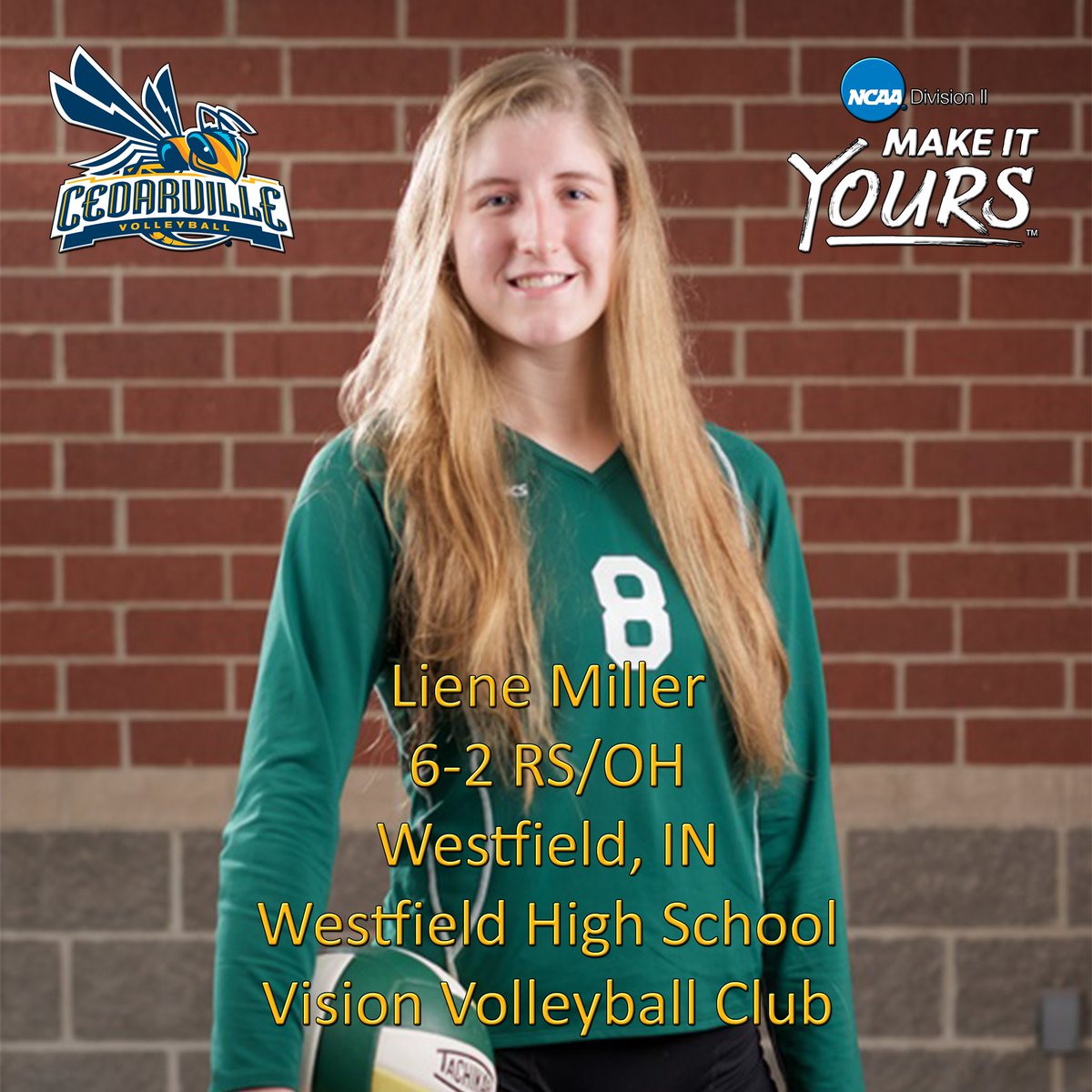 cedarvillevball's tweet photo. We are very excited to welcome our latest 2017 addition, @MillerLiene , to the CU Volleyball family! #desiretheprize https://t.co/VS671w4QPP