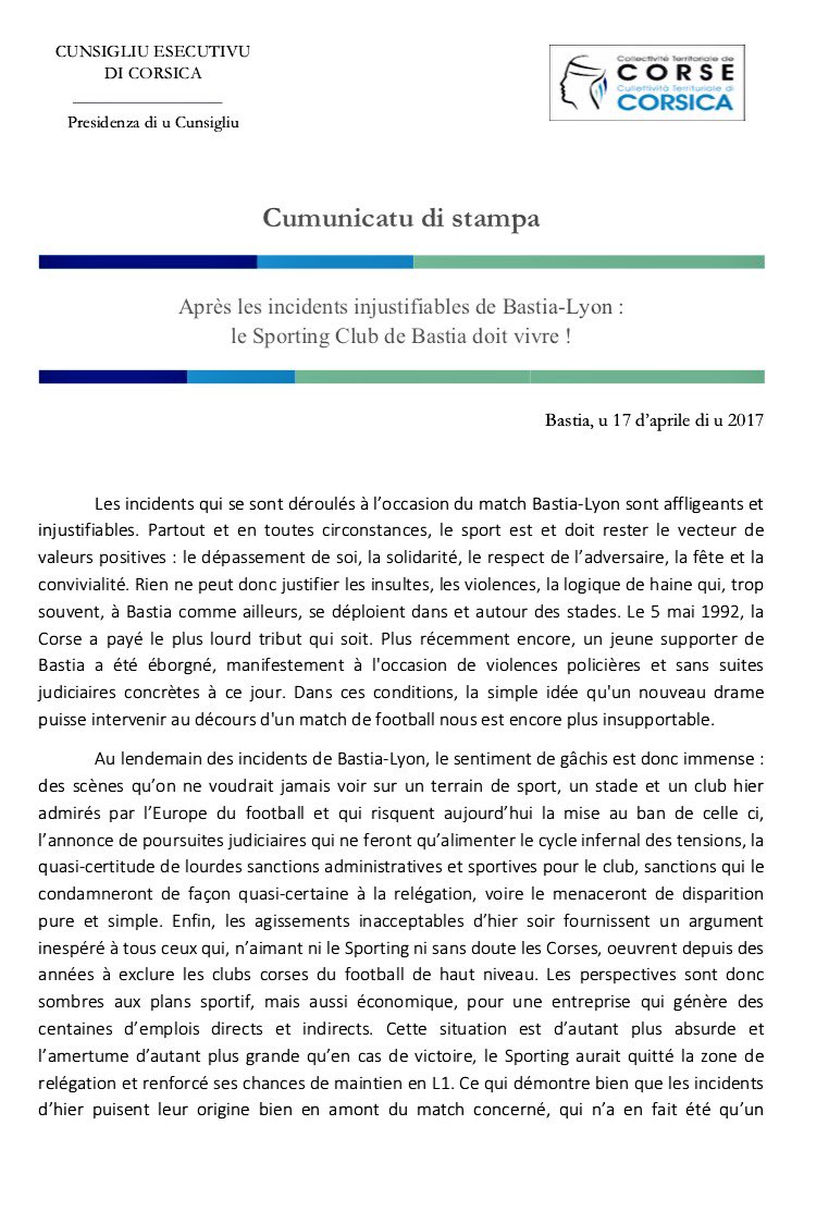 Gilles_Simeoni's tweet photo. Après les incidents injustifiables de Bastia-Lyon: le Sporting Club de Bastia doit vivre! #SCBOL https://t.co/qTPd3aw10a