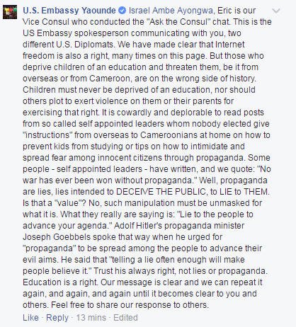 iayongwa's tweet photo. Just got an earful from @USEmbYaounde's Facebook page today. Same people who believe in 'alternative facts' telling me propaganda is a vice. https://t.co/qn0fkfuGof