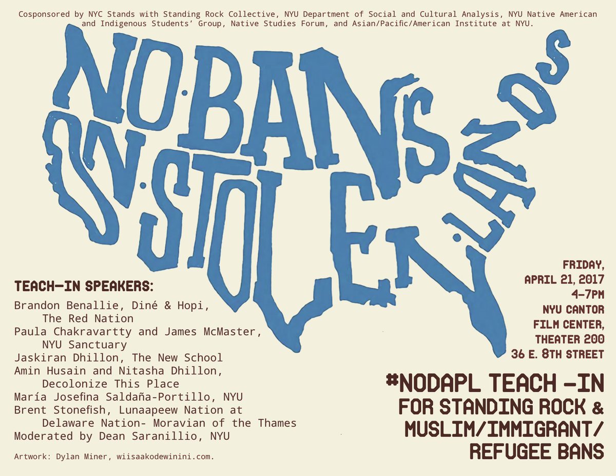 NYCnoDAPL's tweet photo. Our #NoBanOnStolenLand Teach-In is this Friday at NYU from 4-7PM, free and open to the public!! More details here: https://t.co/BzlfbVHnqe https://t.co/nTnc05gbw3