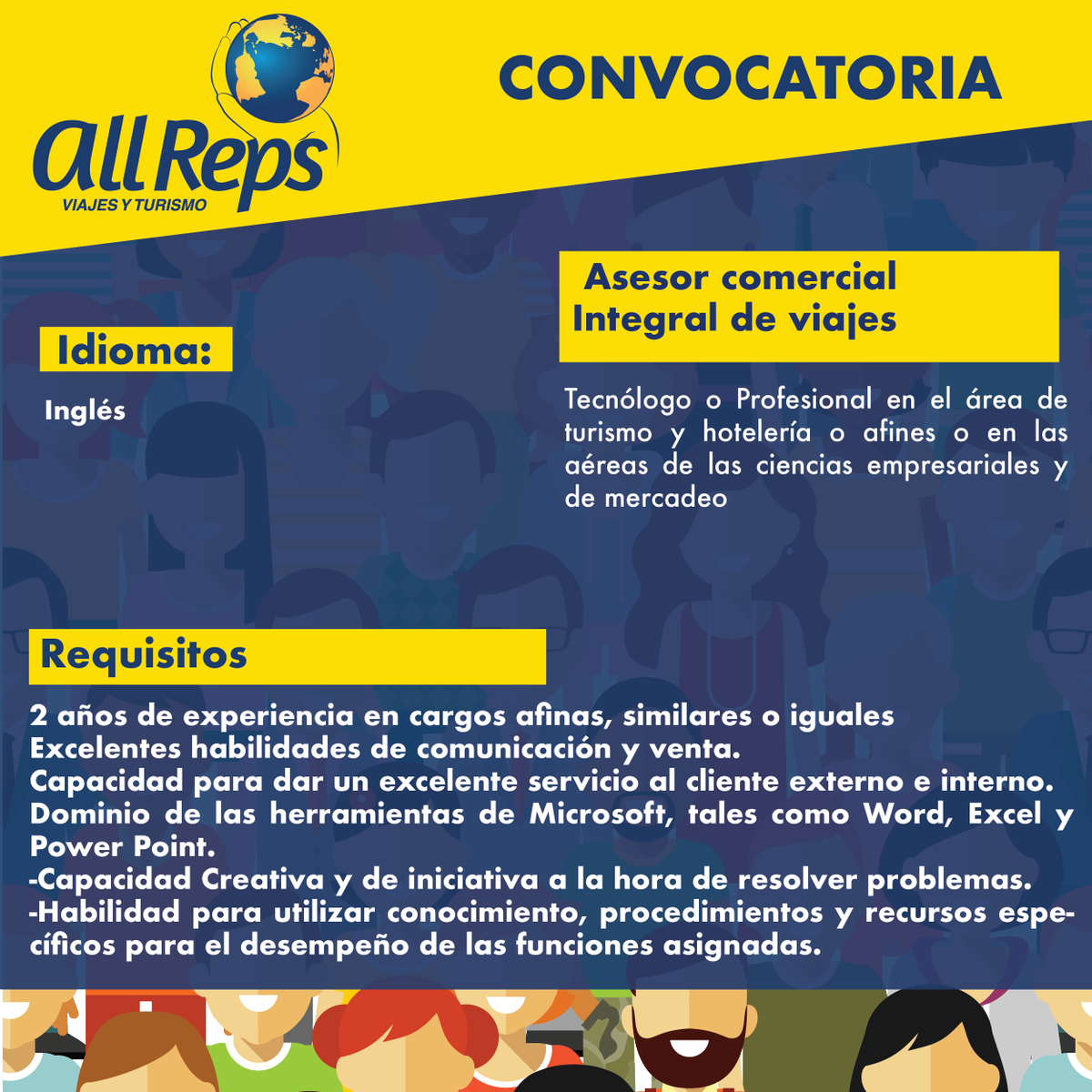 AllReps_'s tweet image. #TRABAJOSIHAY Estamos en busca de un ASESOR COMERCIAL INTEGRAL DE VIAJES en Bogotá. envíanos tu HV a informacion@allreps.com