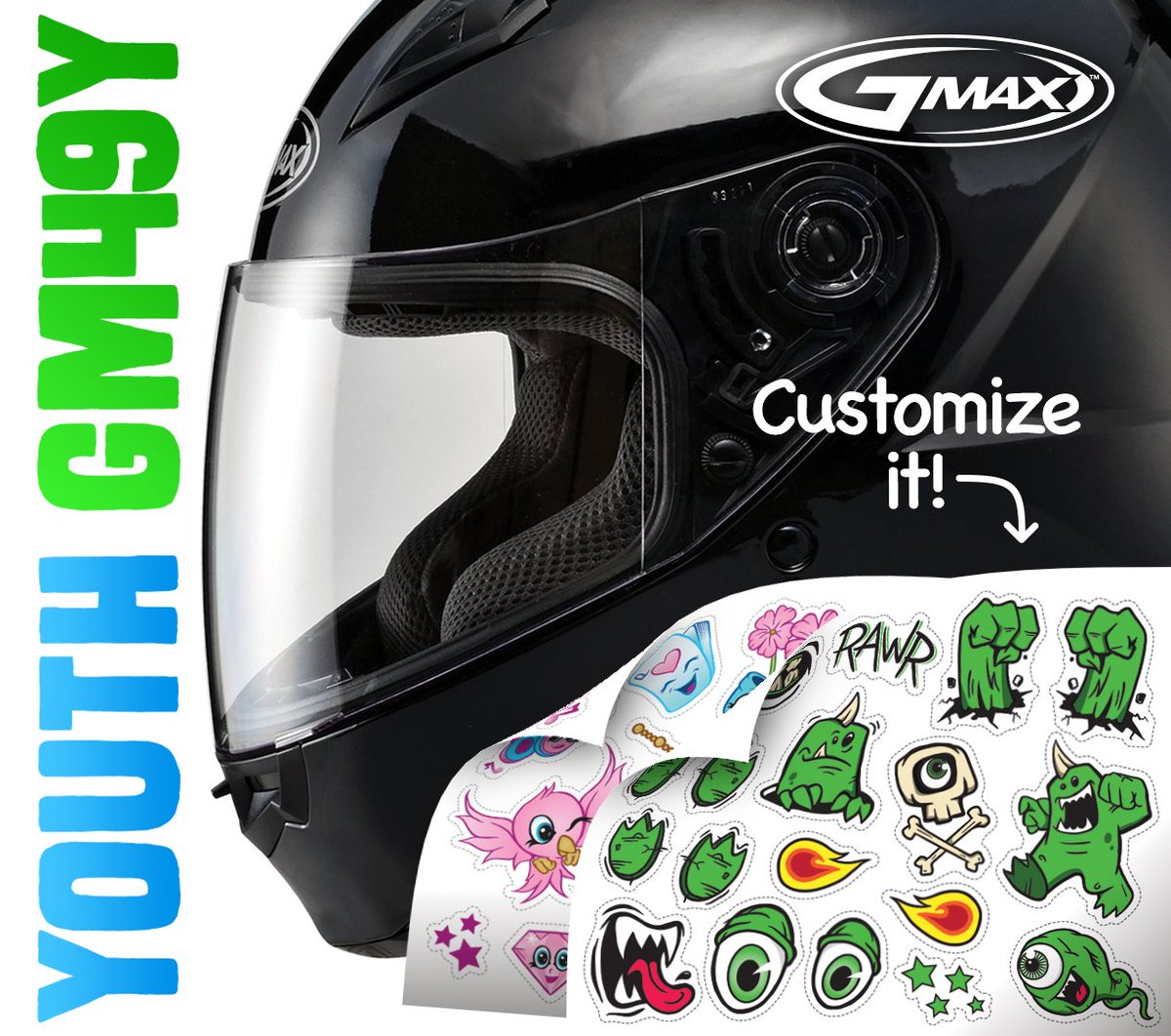 Kids know riding is fun and <a href="/GmaxHelmets/">Gmax Helmets USA</a> makes it even more fun with the #GM49 Youth-specific helmet.
Sticker sheets sold separately.