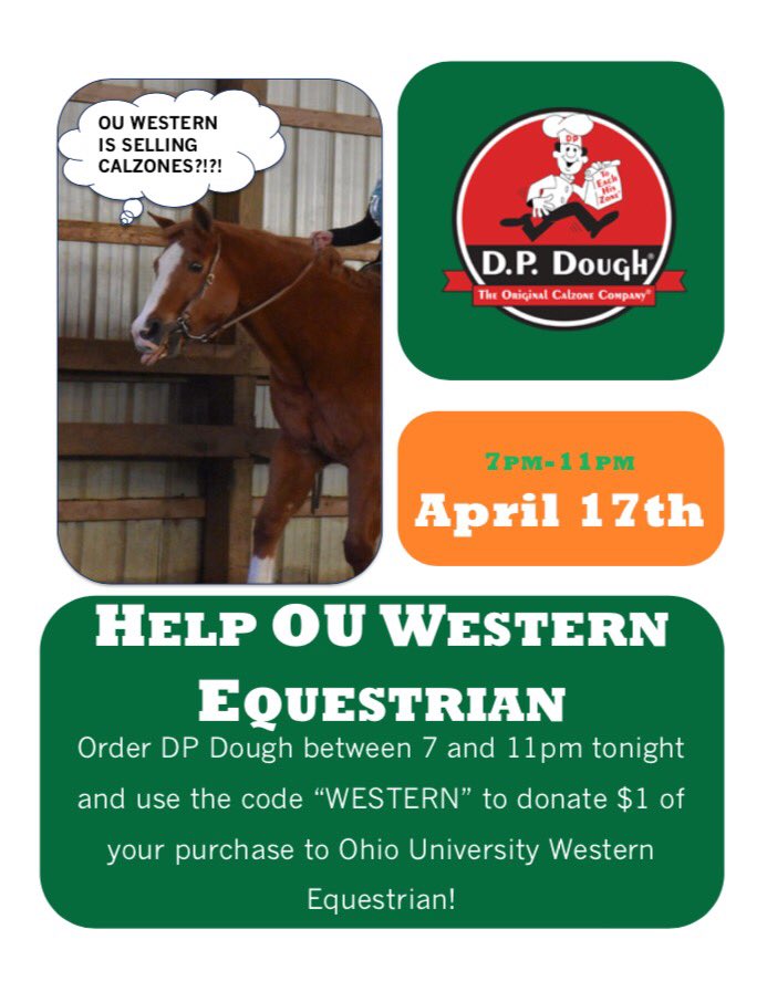 OhioUwestern's tweet photo. DP Dough is for dinner!!

Treat yourself after a full day of finals prep ❣️ and don't forget to mention the OU Western Equestrian team! 🗣 https://t.co/2OoSWWpg5Y