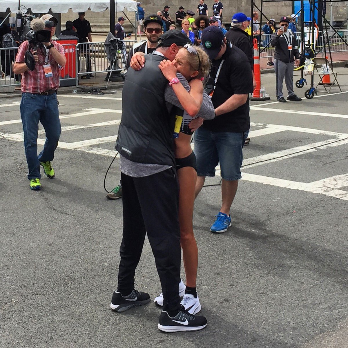 KerryKavanaugh's tweet photo. Emotional moment for American, @JordanHasay as she crosses the finish line of the #BostonMarathon  Amazing to witness. Congrats. #FOX25 https://t.co/3GrRkyWy4D