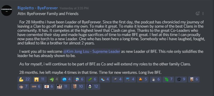 Not Retiring. But new exciting changes for <a href="/ByeForever_CoC/">ByeForever</a> Clan and Myself. Thank you to the 350+ who made ByeForever what it is today.