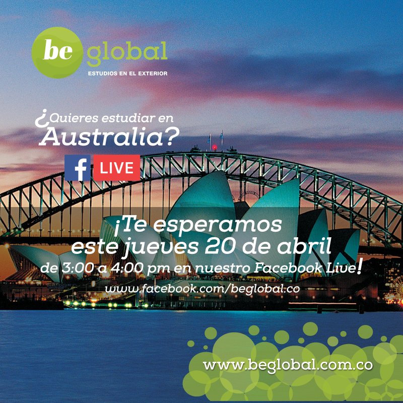 beglobal_co's tweet photo. El jueves 20 a las 3:00 pm no te pierdas nuestro #FacebookLive te contaremos todo sobre #EstudiarEnAustralia. ¡Te esperamos! https://t.co/qC1HmvL1Ew