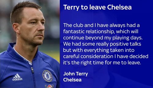 SkySportsNews's tweet photo. .@ChelseaFC .@ChelseaFC confirm John Terry will leave Stamford Bridge at the end of the season. More here: https://t.co/A9iJozHbYn #SSNHQ https://t.co/cUkfgfnUZe