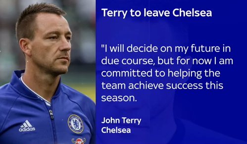 SkySportsNews's tweet photo. .@ChelseaFC .@ChelseaFC confirm John Terry will leave Stamford Bridge at the end of the season. More here: https://t.co/A9iJozHbYn #SSNHQ https://t.co/cUkfgfnUZe