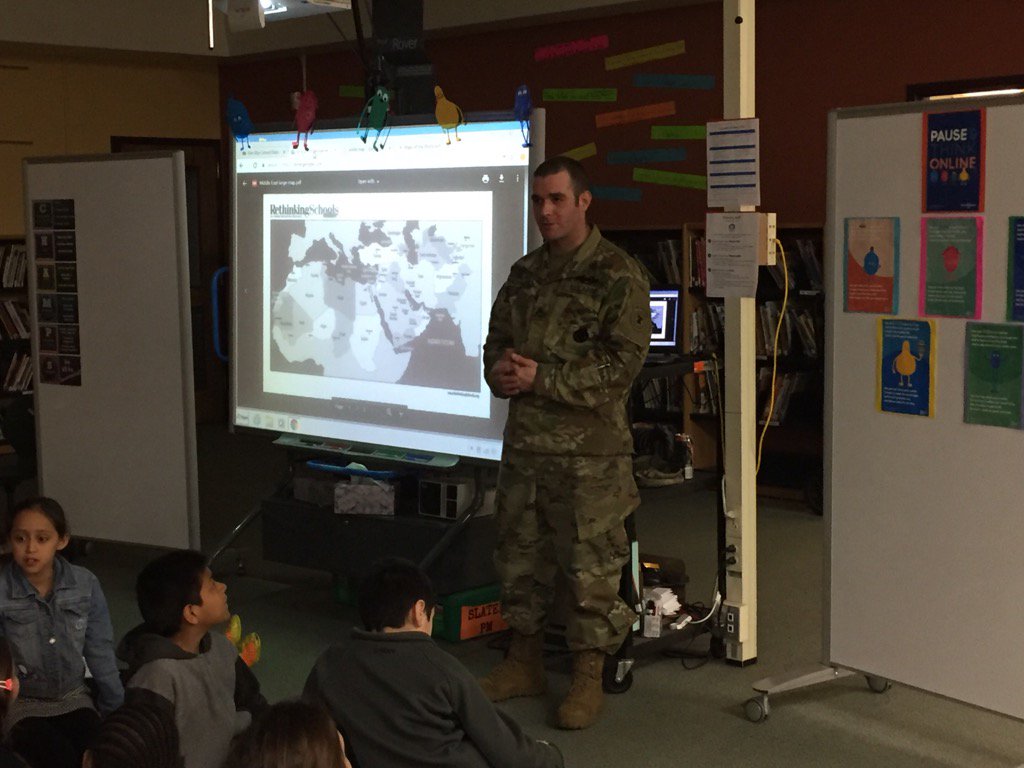 ckellam's tweet image. Sgt Thornton visits CH 4th gr to describe daily life during deployment #d41pbl @CHTwolves