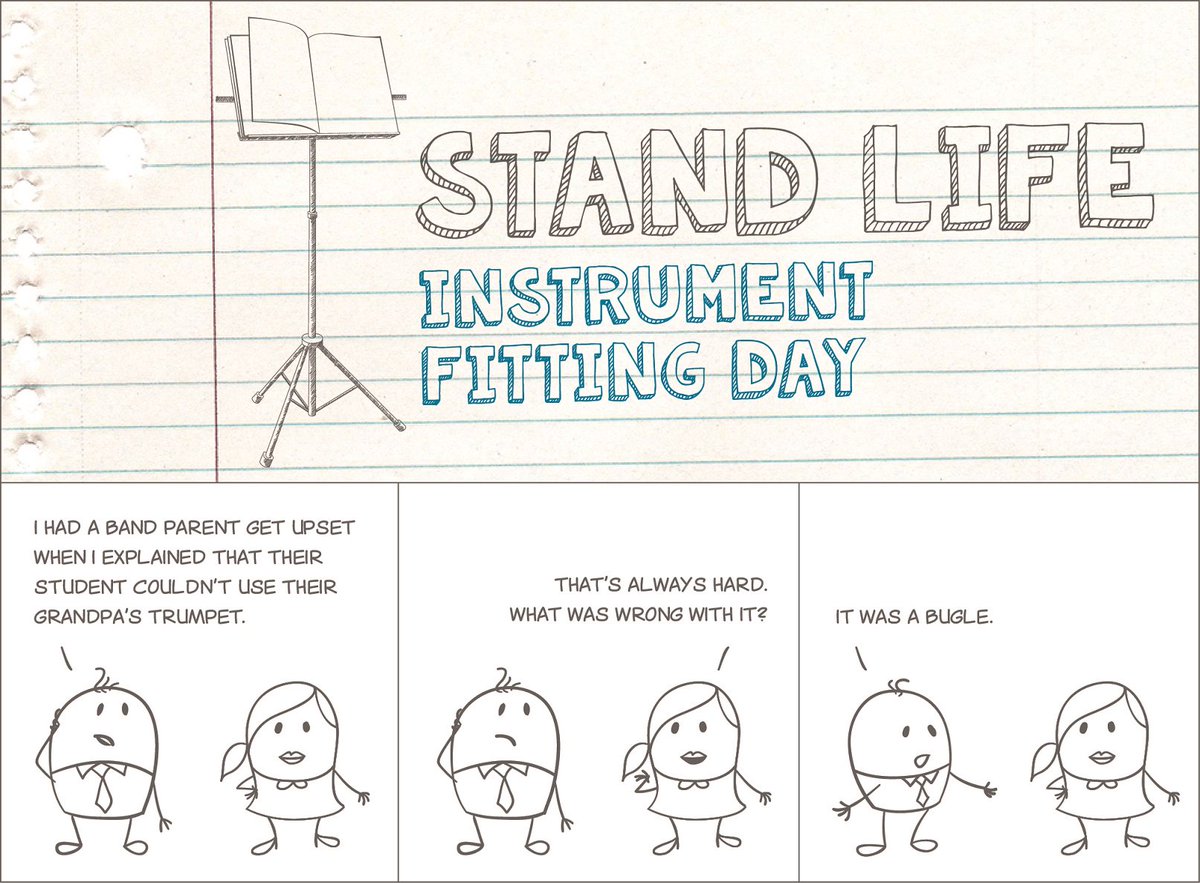 MakeMusic_Cloud's tweet photo. Sometimes instrument fitting day doesn't go according  to plan... #StandLife #teacherjokes #bandjokes #musiceducation #comic https://t.co/vdVZ8vHM4g